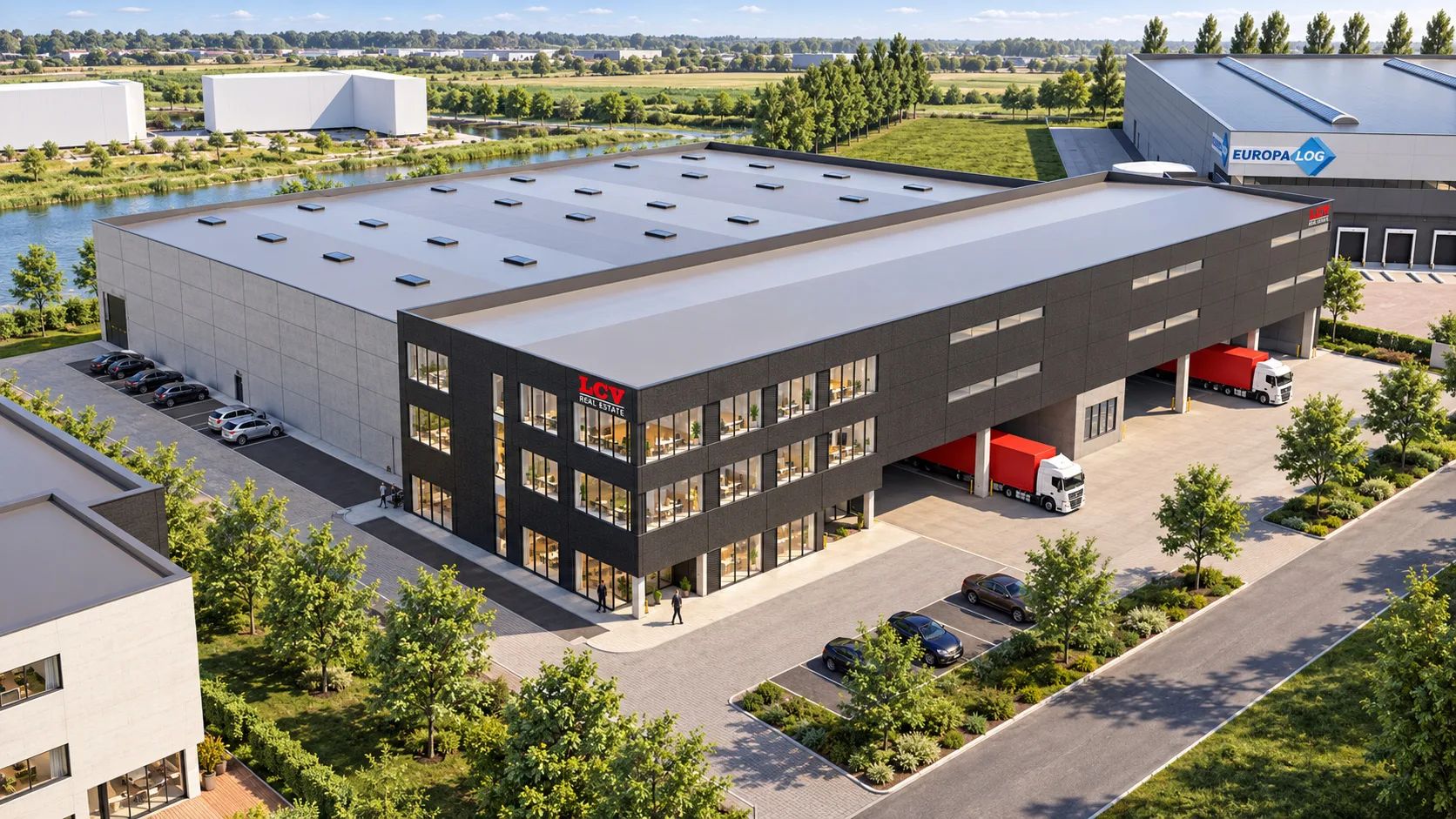 Visualisation aérienne de BTS Arbrisseau avec espace d'entrepôt, bureaux et zone de chargement à Tournai.
